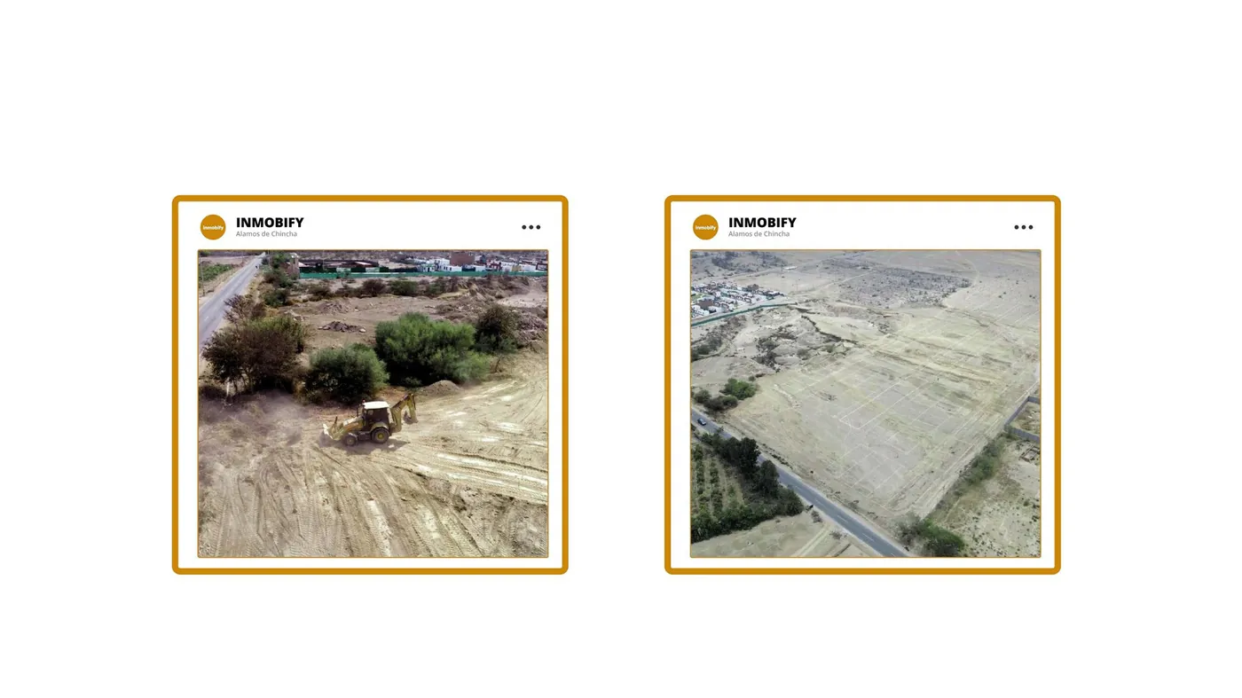 Vista aérea del avance real del proyecto El Lucero de Chincha: movimiento de tierras y lotización marcada sobre la Carretera Huancavelica