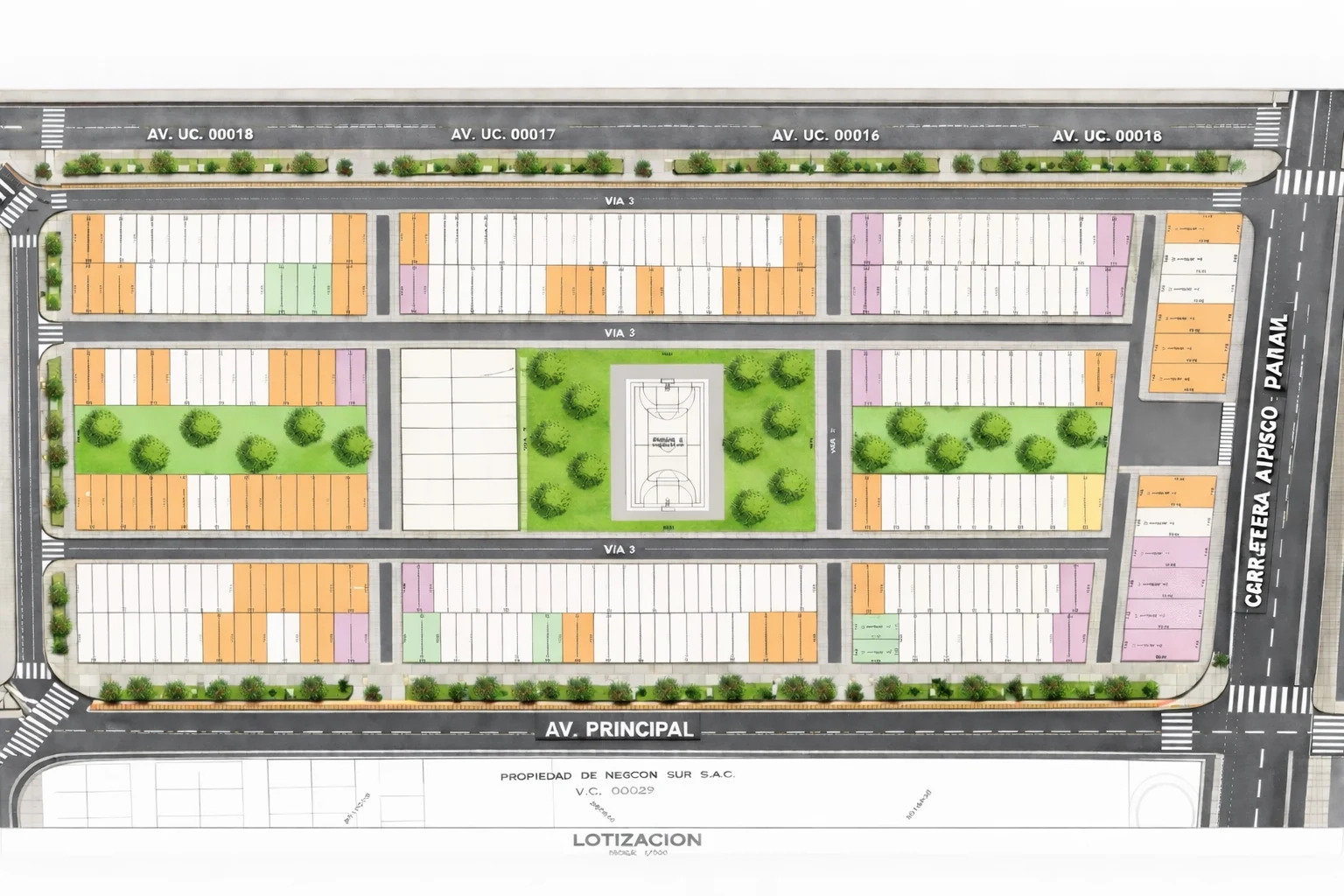 Plano del condominio El Lucero de Chincha: 13 manzanas (A-M), parque central con cancha multiusos en manzana I, áreas comunes, accesos por Carretera Huancavelica