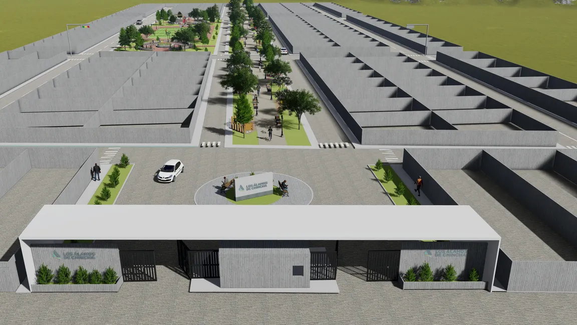 Render aéreo referencial del condominio El Lucero de Chincha mostrando la trama urbana, manzanas y áreas verdes.