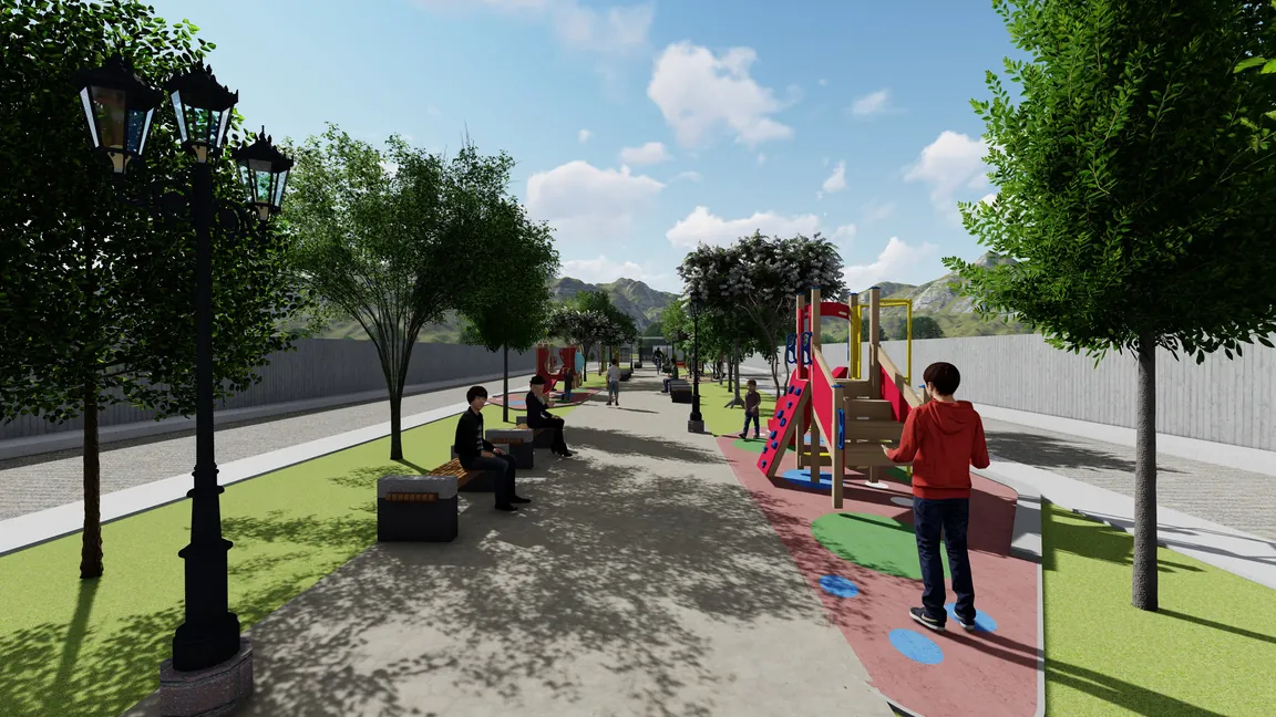 Render referencial de la alameda interna con pistas, veredas y arborización.