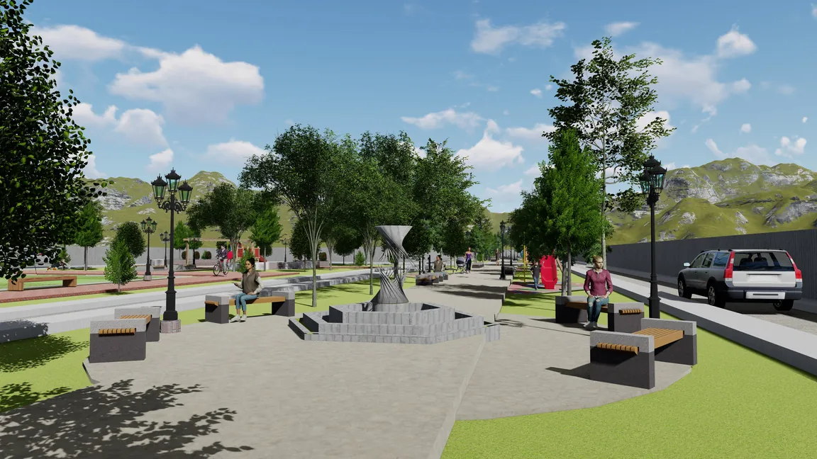 Render referencial de la plaza interna con bancas y áreas de descanso.