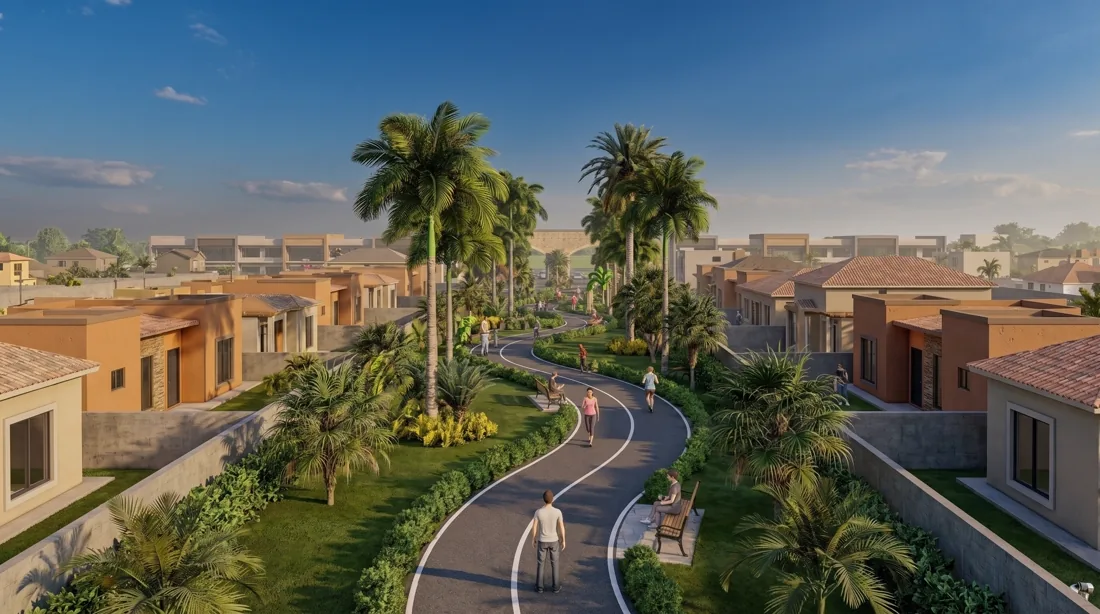 Render referencial de alameda y áreas verdes dentro del proyecto.