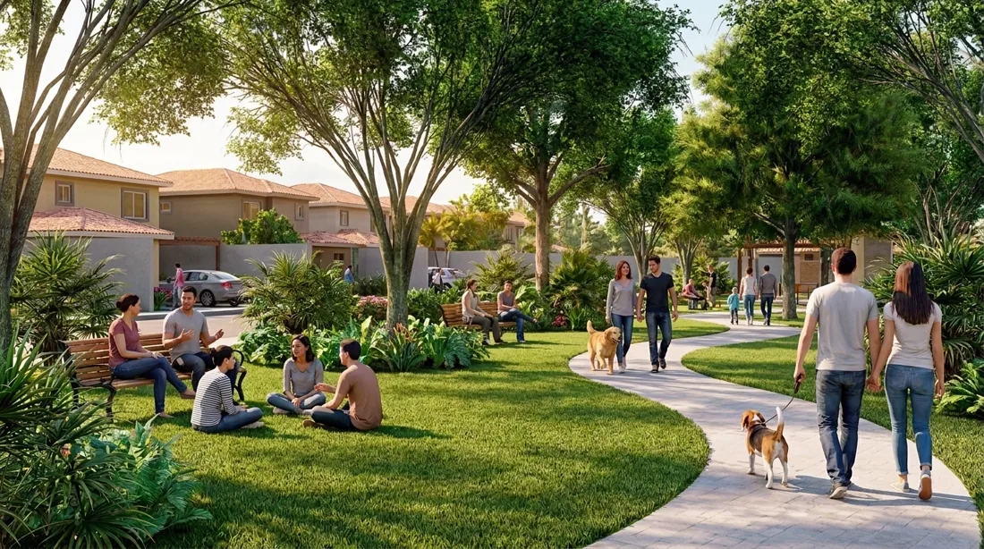 Render referencial de parque y áreas verdes para la comunidad.